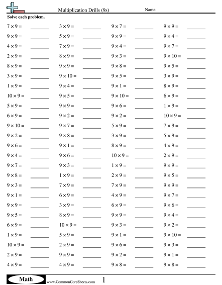 Multiplication Worksheets - 9s (horizontal) worksheet